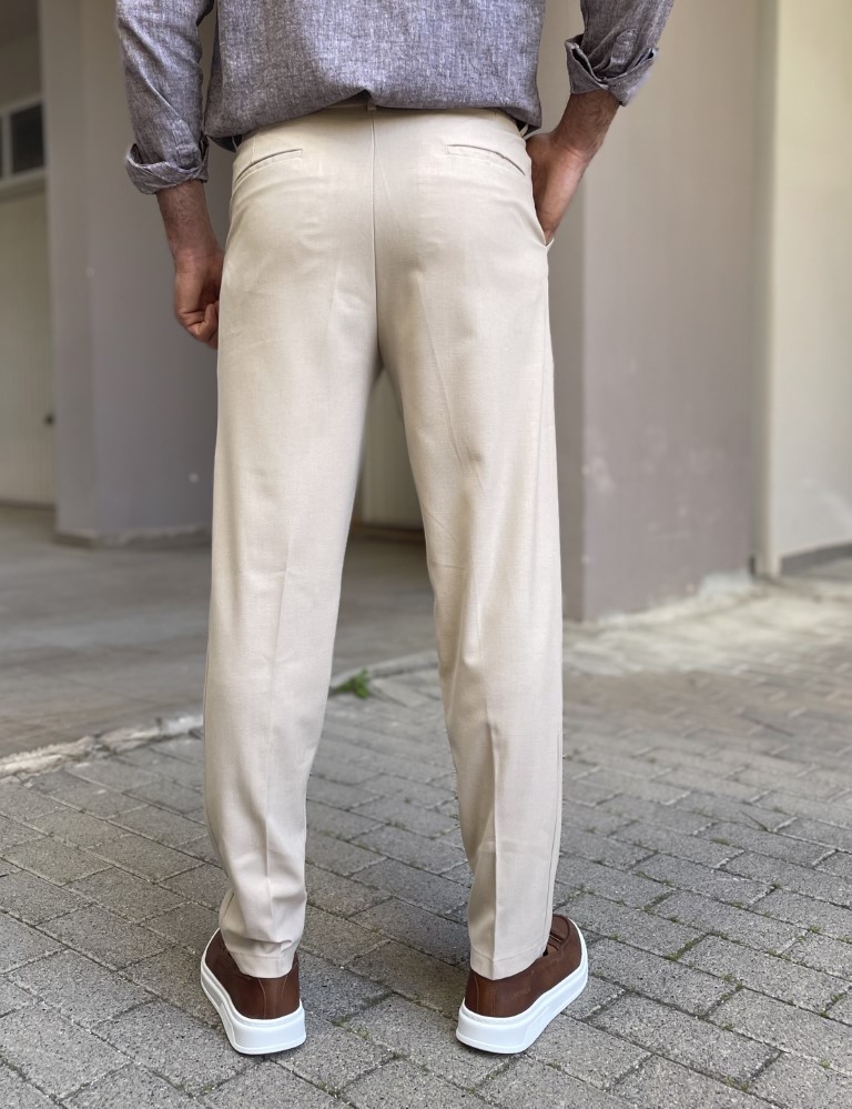 Ανδρικό μπεζ υφασμάτινο παντελόνι με πιέτα και λάστιχο στην μέση FCL00295 φωτογραφία